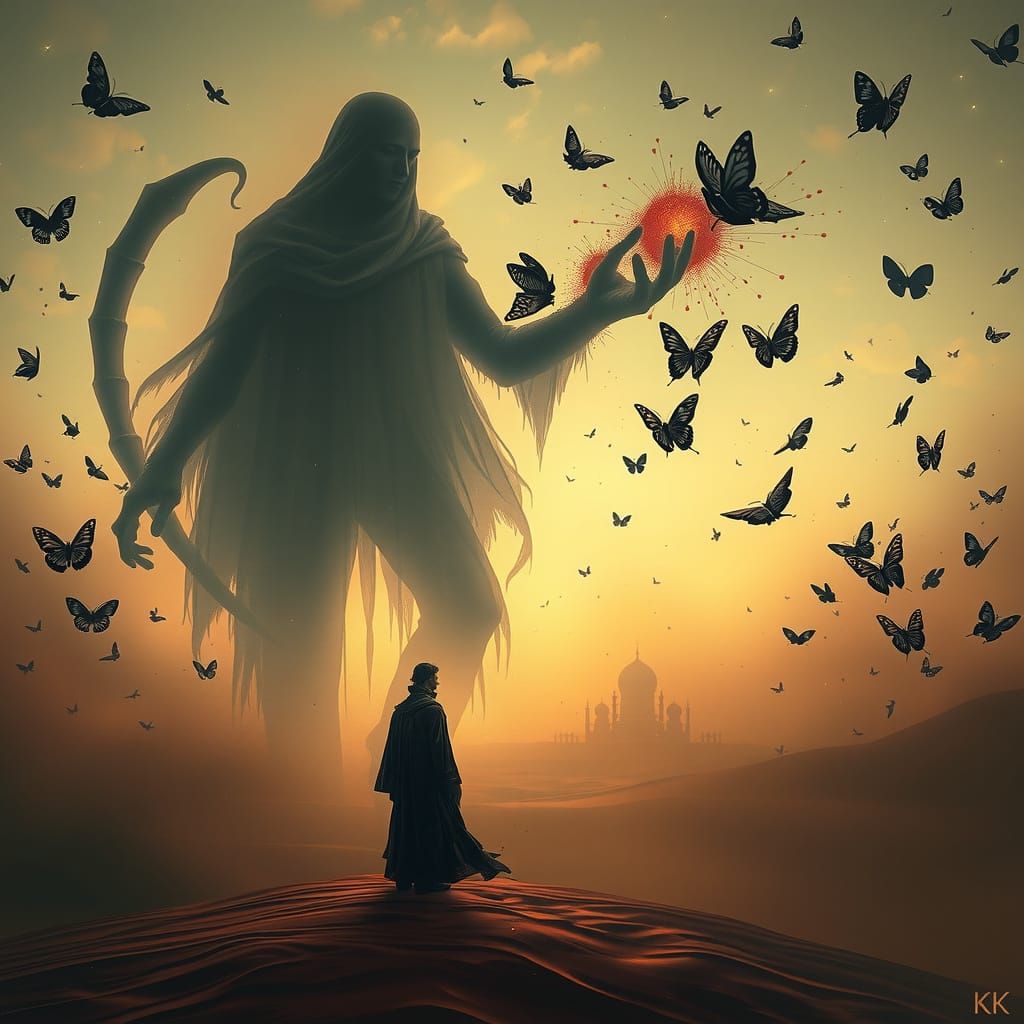 Mythic Desert Scene with Hourglasses and Scorpion Figure