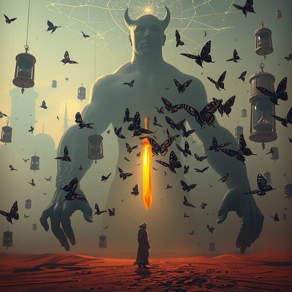 Mythic Desert of Time with Shadowed Figure and Glass Wandere...