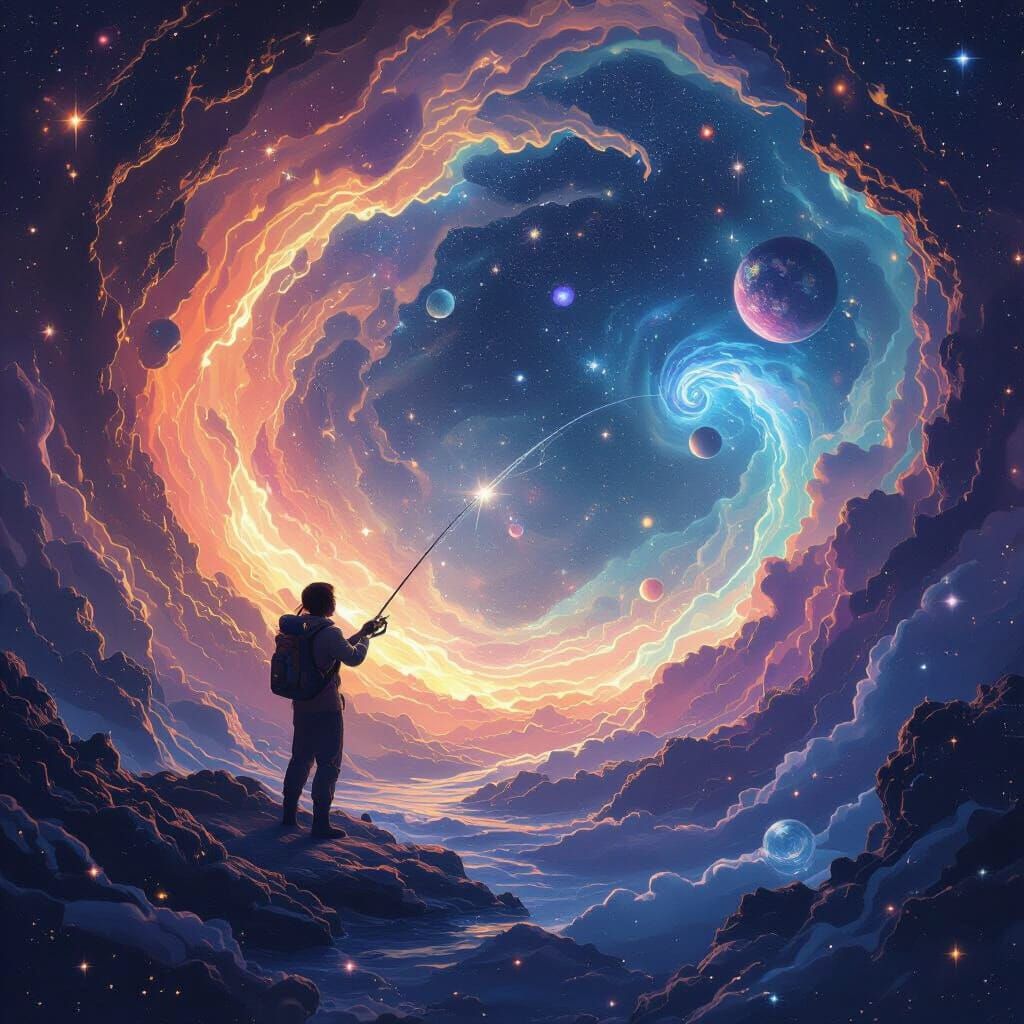 Celestial Being Fishes Starlight Line in Cosmic Void