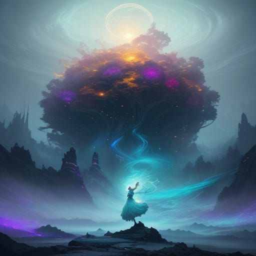 Fearless Girl Plunges into Iridescent Vortex in Dreamlike Fa...