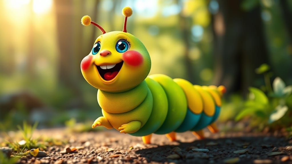 An excited cartoon caterpillar bursting with joy on a sunlit...