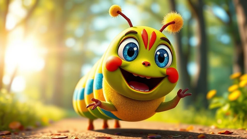 An excited cartoon caterpillar bursting with joy on a sunlit...