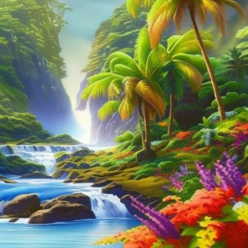 Colorful Hawaiian Scene as Ethereal Watercolor