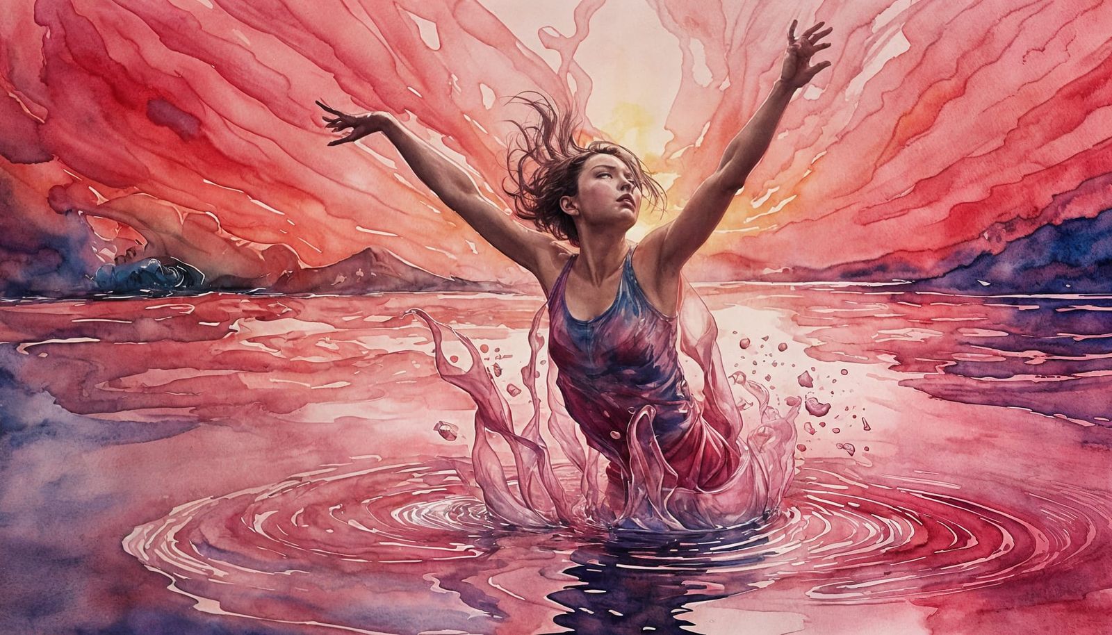 Watercolor of Woman in Water with Pink Sunset