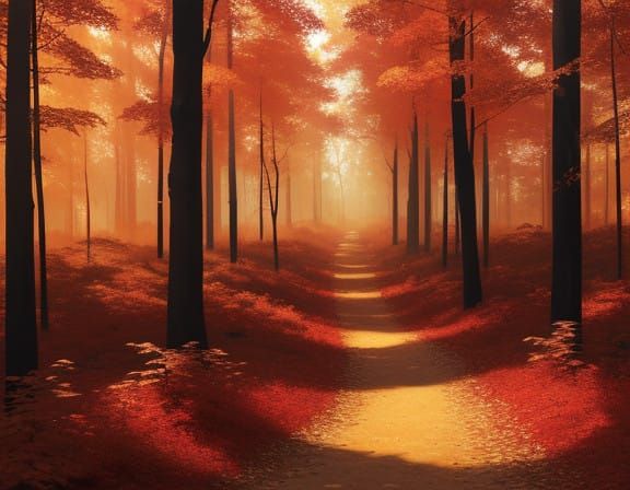 Autumn Forest with Crimson and Golden Hues in Impressionist...