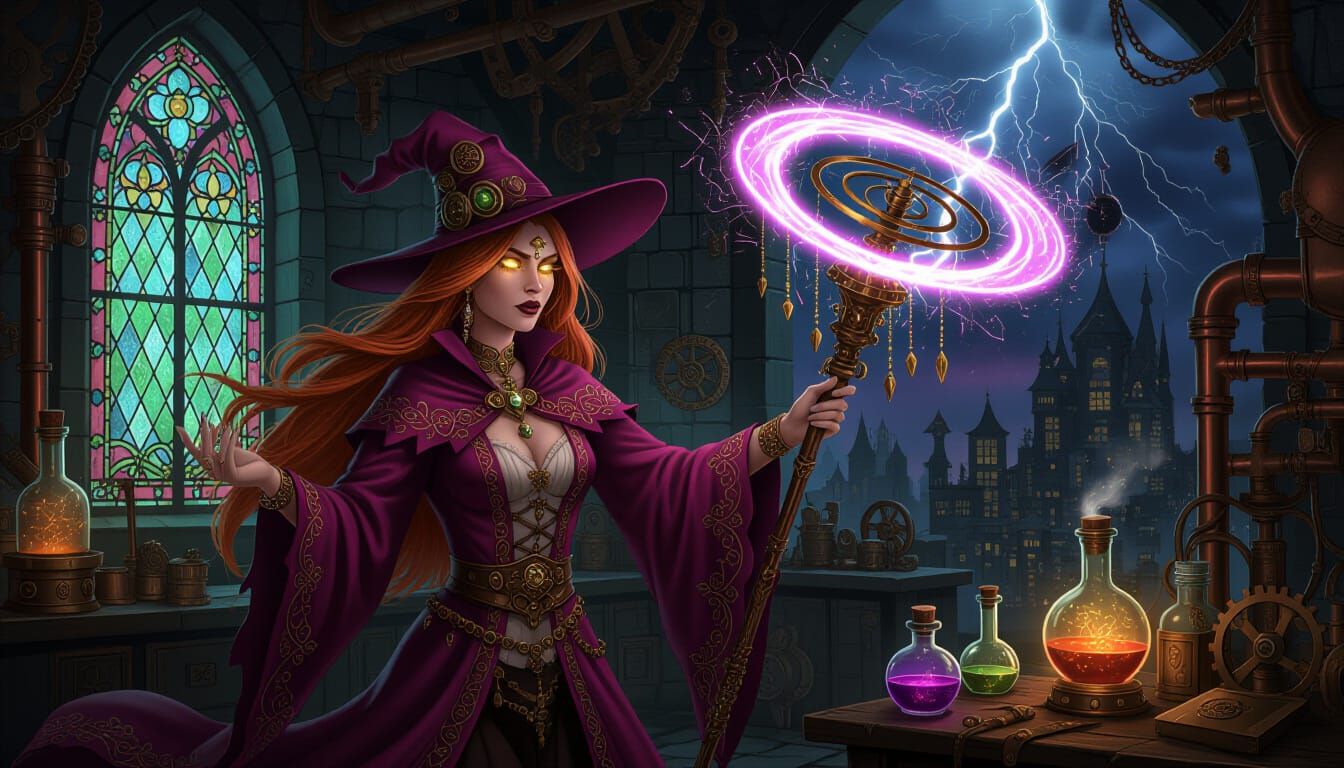 Gothic Steampunk Witch Casting Spell in Workshop