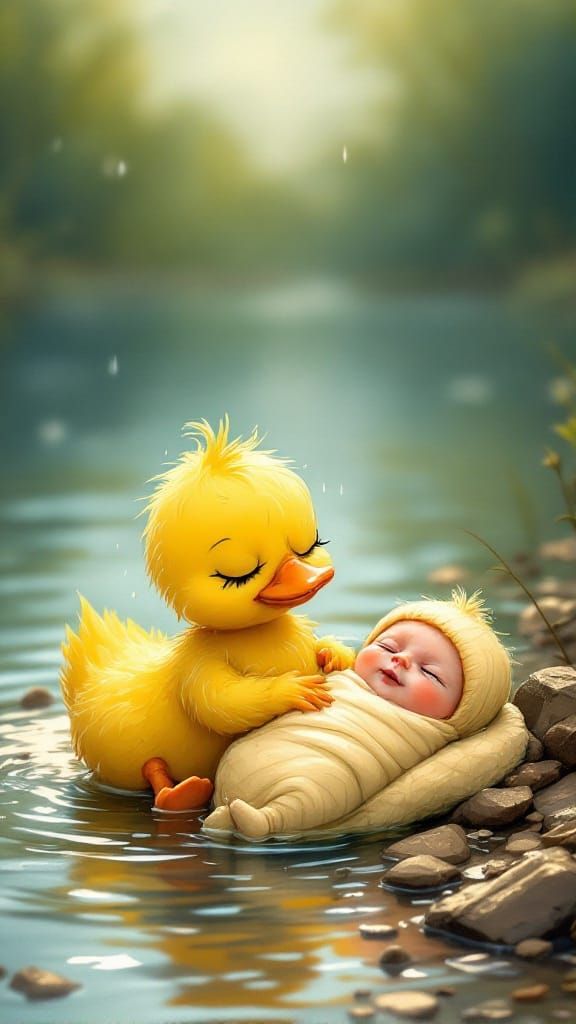 Exhausted Duck Rescues Baby: Heartwarming Cartoon Illustrati...
