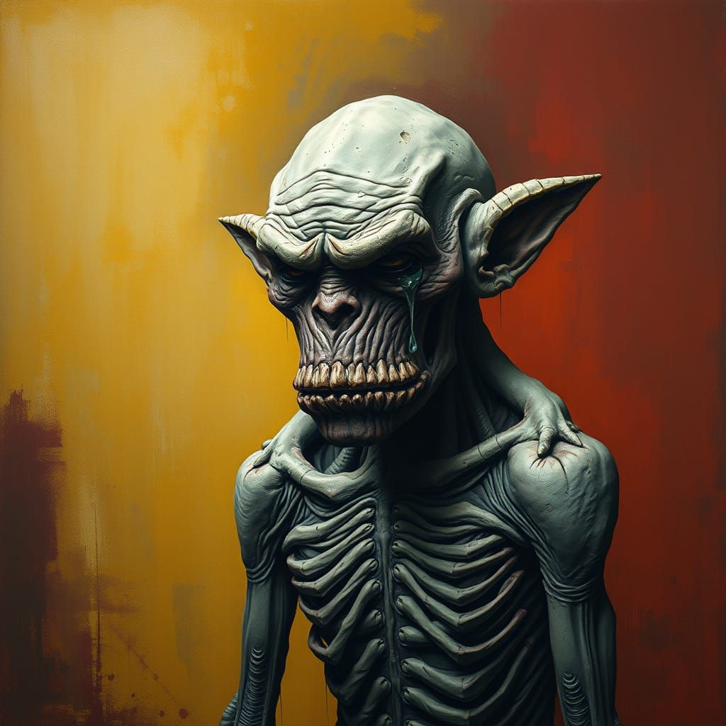 Gaunt Ogre Weeps Tears of Famine in Stark Abstract Setting