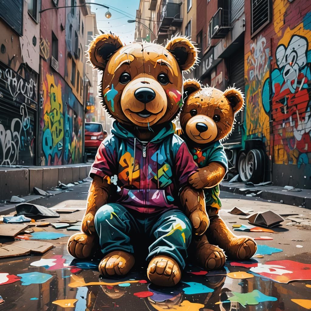 Street Art: Crying Boy with Teddy Bear