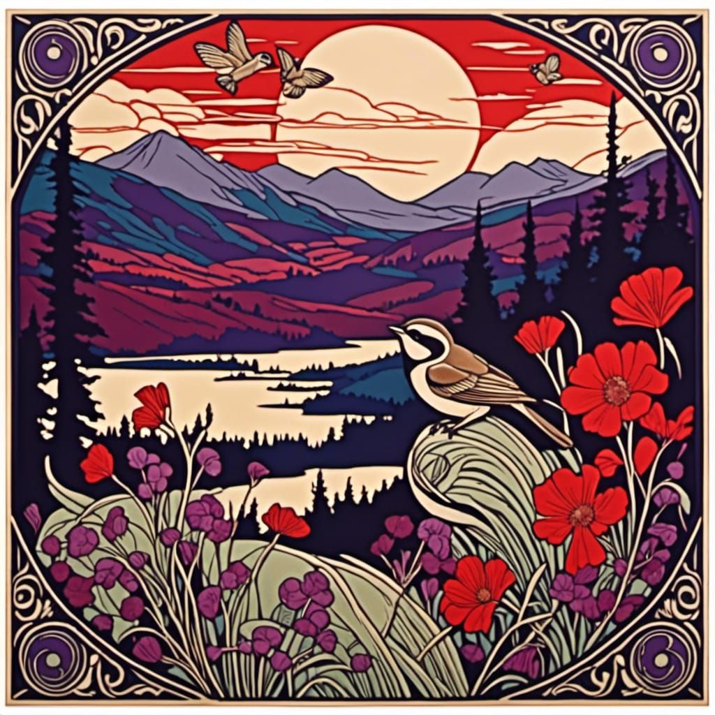 Vermont Landscape in Art Deco Alphonse Mucha Style