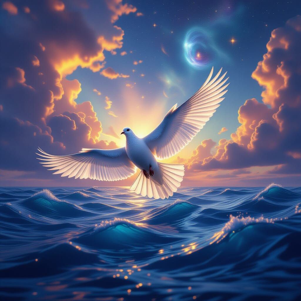 Ethereal Dove Soars Through Cosmic Ocean Sky