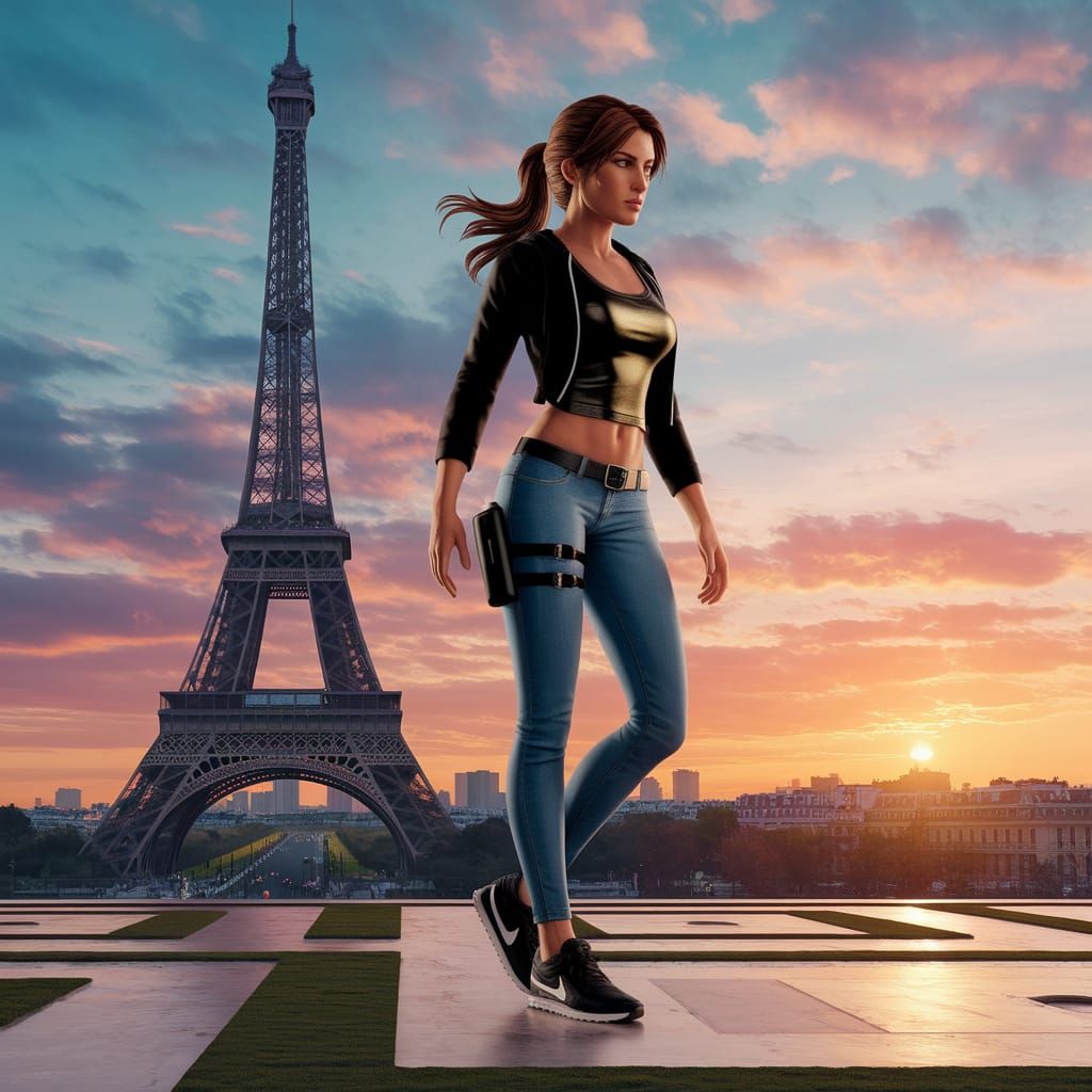 Lara Croft at Sunset Near Eiffel Tower in Realistic Style