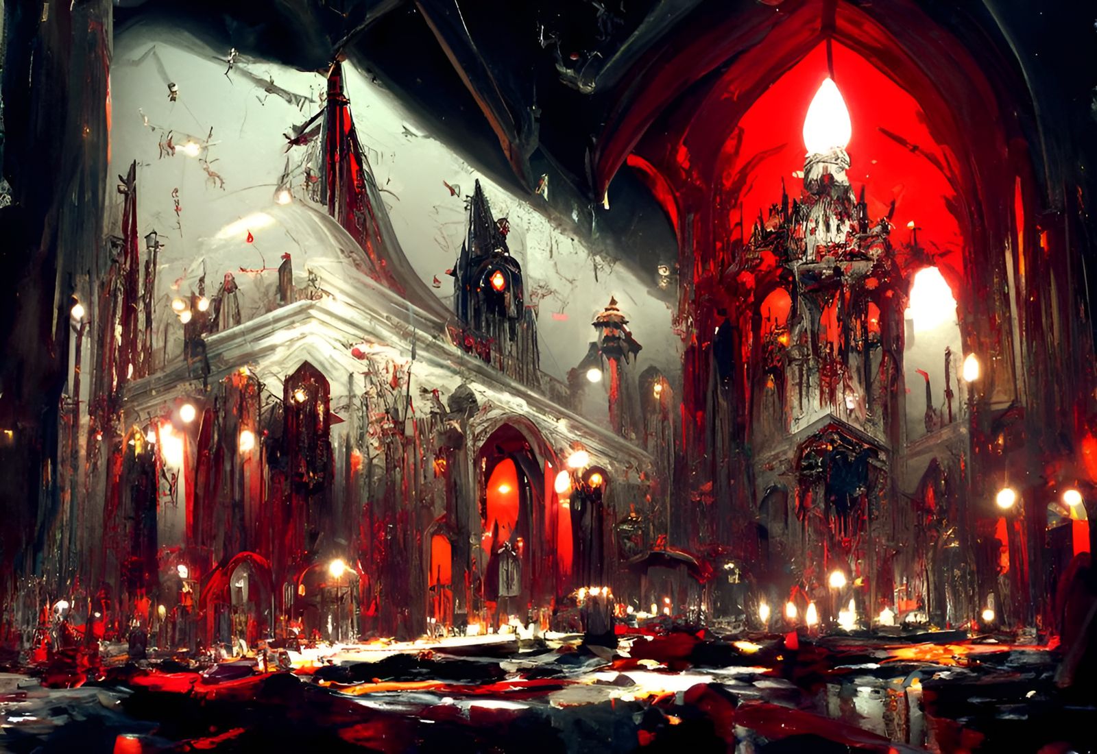 Sinister Cathedral Interior with Glowing Liquid