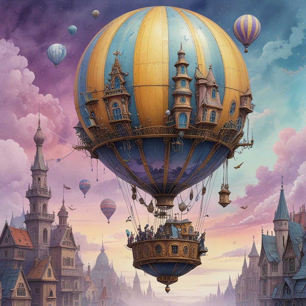 Whimsical Steampunk Metropolis in a Magical Hot Air Balloon