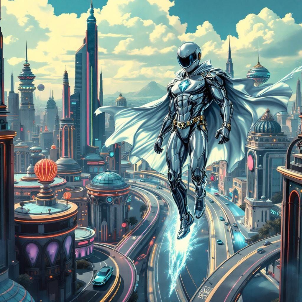 Retro-Futuristic Superhero in Atomic-Age Cityscape