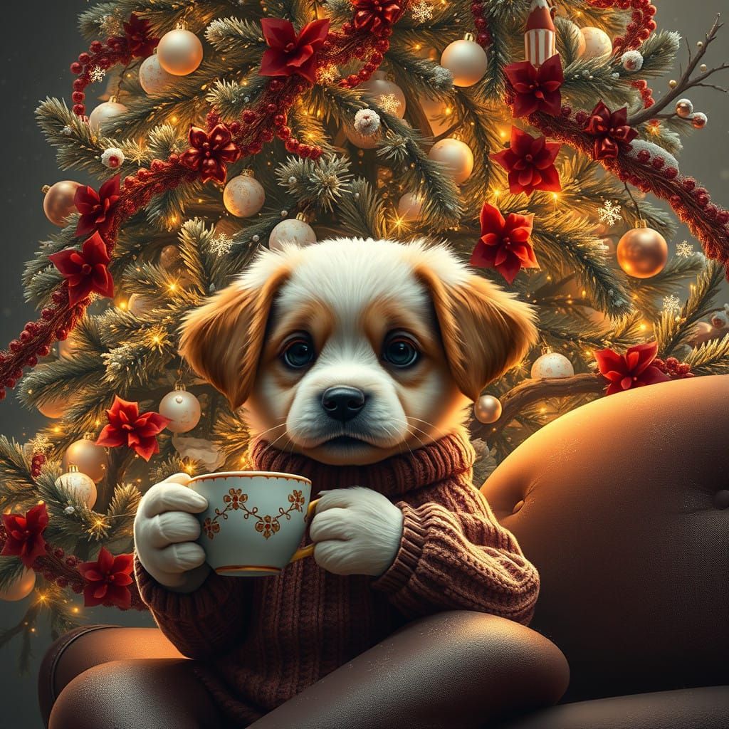 Enchanted Christmas Puppy Sips Tea Beside Sparkling Tree