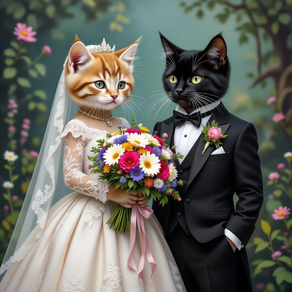 A lovely whimsical realistic image of a kitten bride holding...