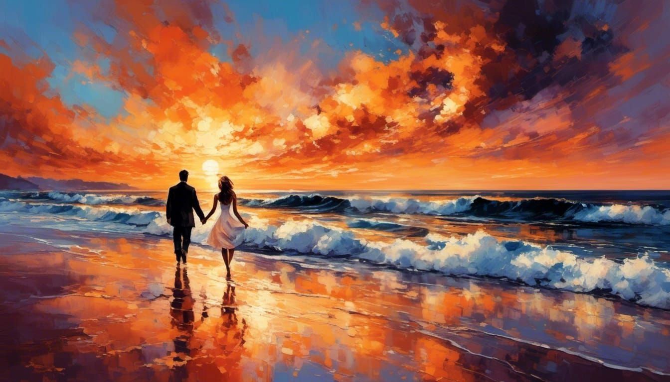 Romantic Beach Sunset Silhouette, Painterly Style