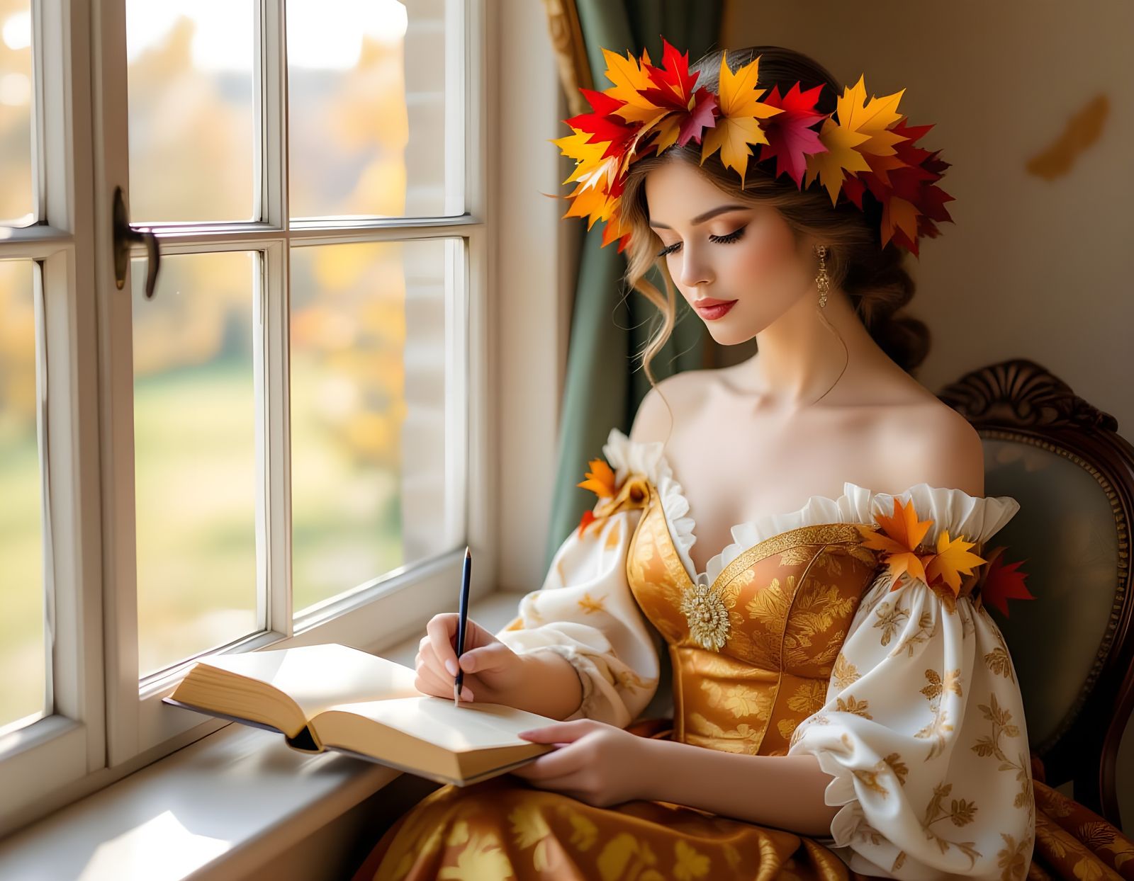 Autumn Personified: Serene Woman Composing Poetry