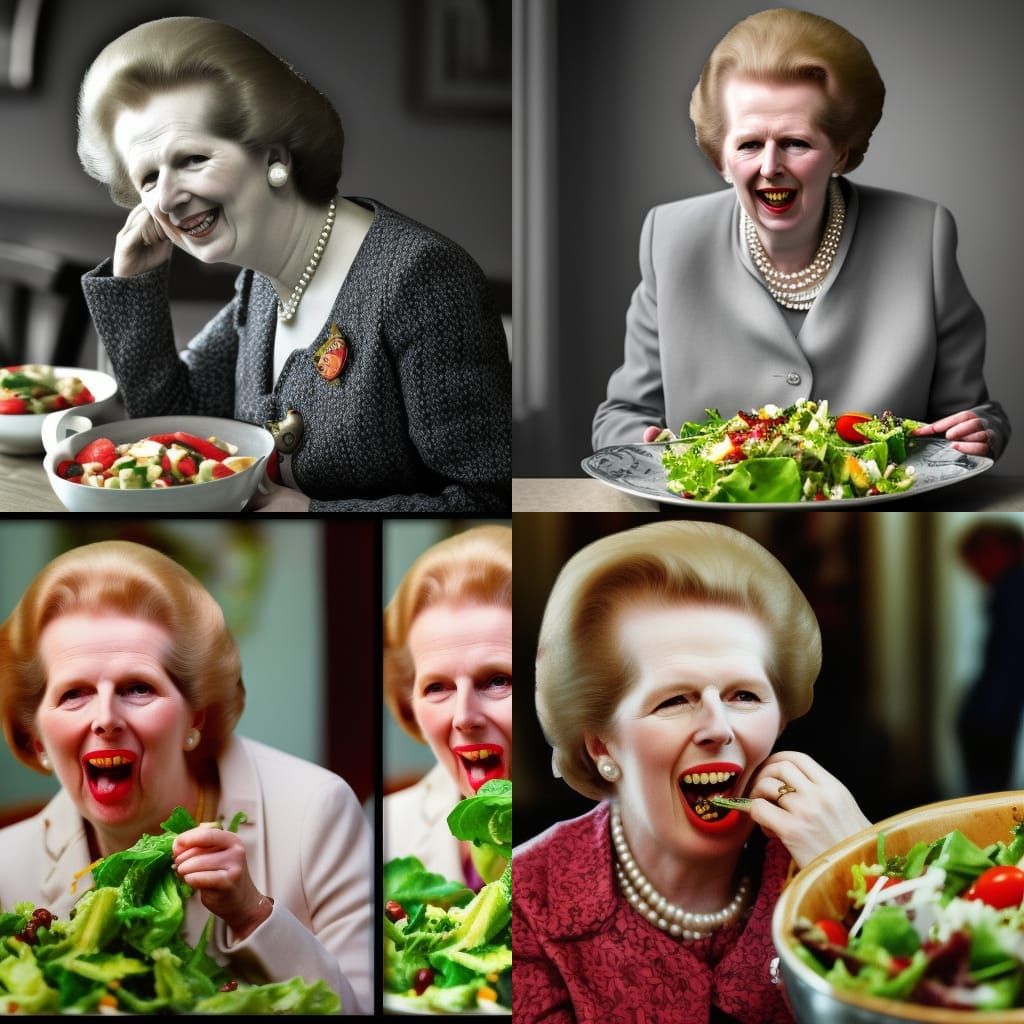 Hyperrealistic Image of Margaret Thatcher Eating Salad
