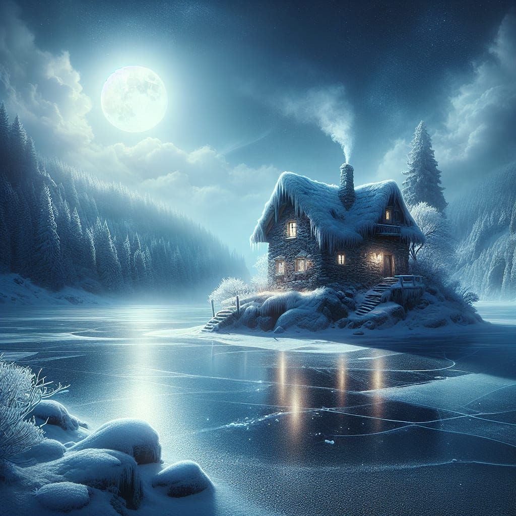 Cobblestone House on Frozen Lake: Fantasy Concept Art