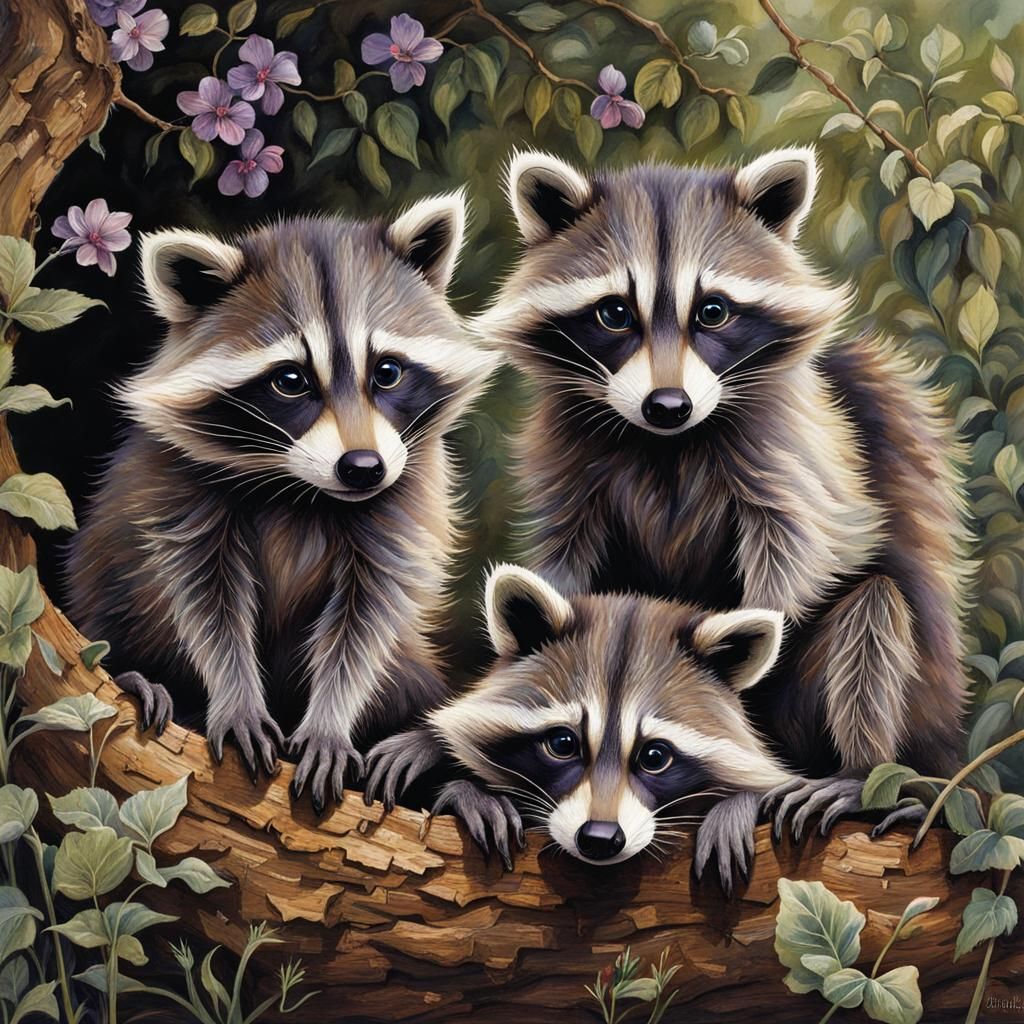 Baby Raccoons in Den, Intricate Art Style