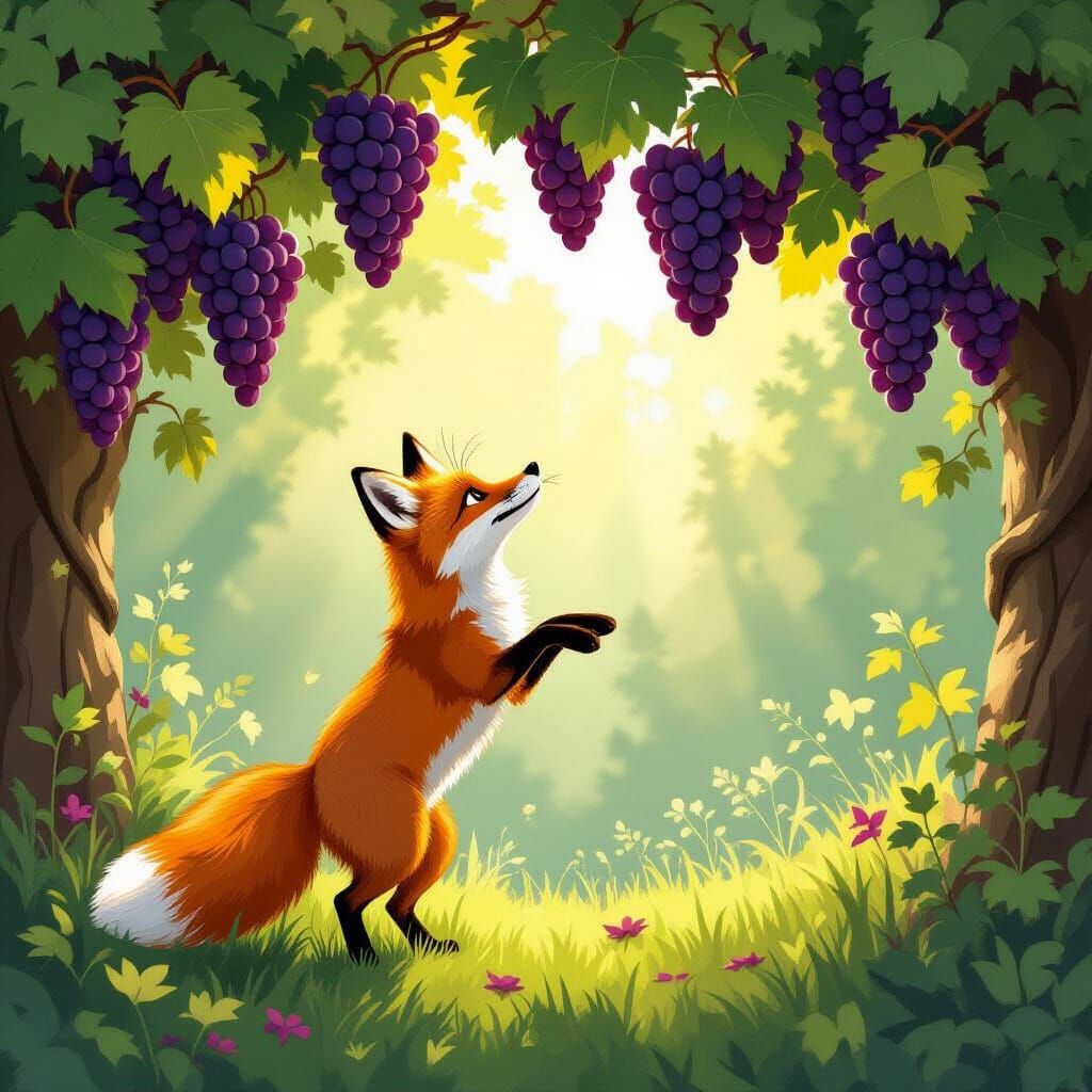 Hungry Fox Leaps For Grapes In Sunlit Forest