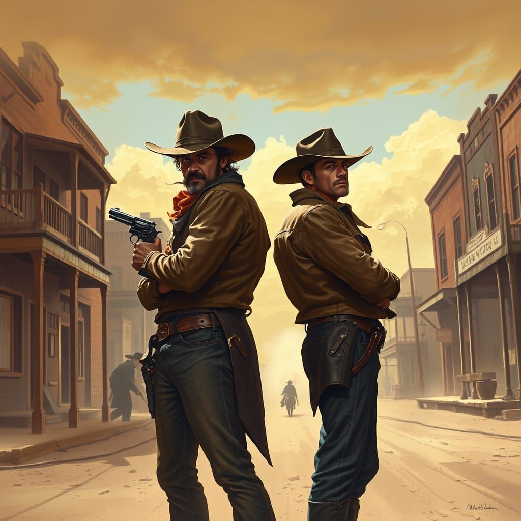 Cowboys Stand Guard in Deserted Town, Tumble Weed Rolls By