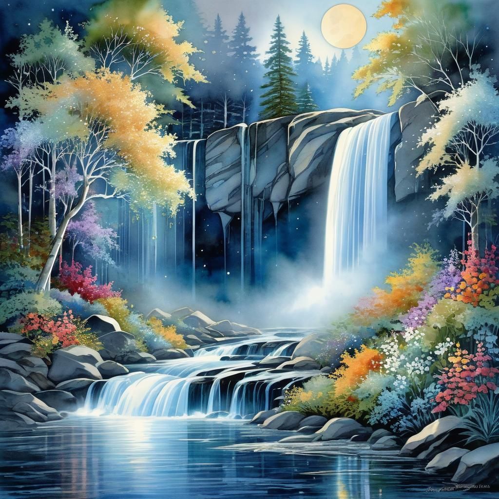 Moonlit Masterpiece in Cosmic Watercolor Style