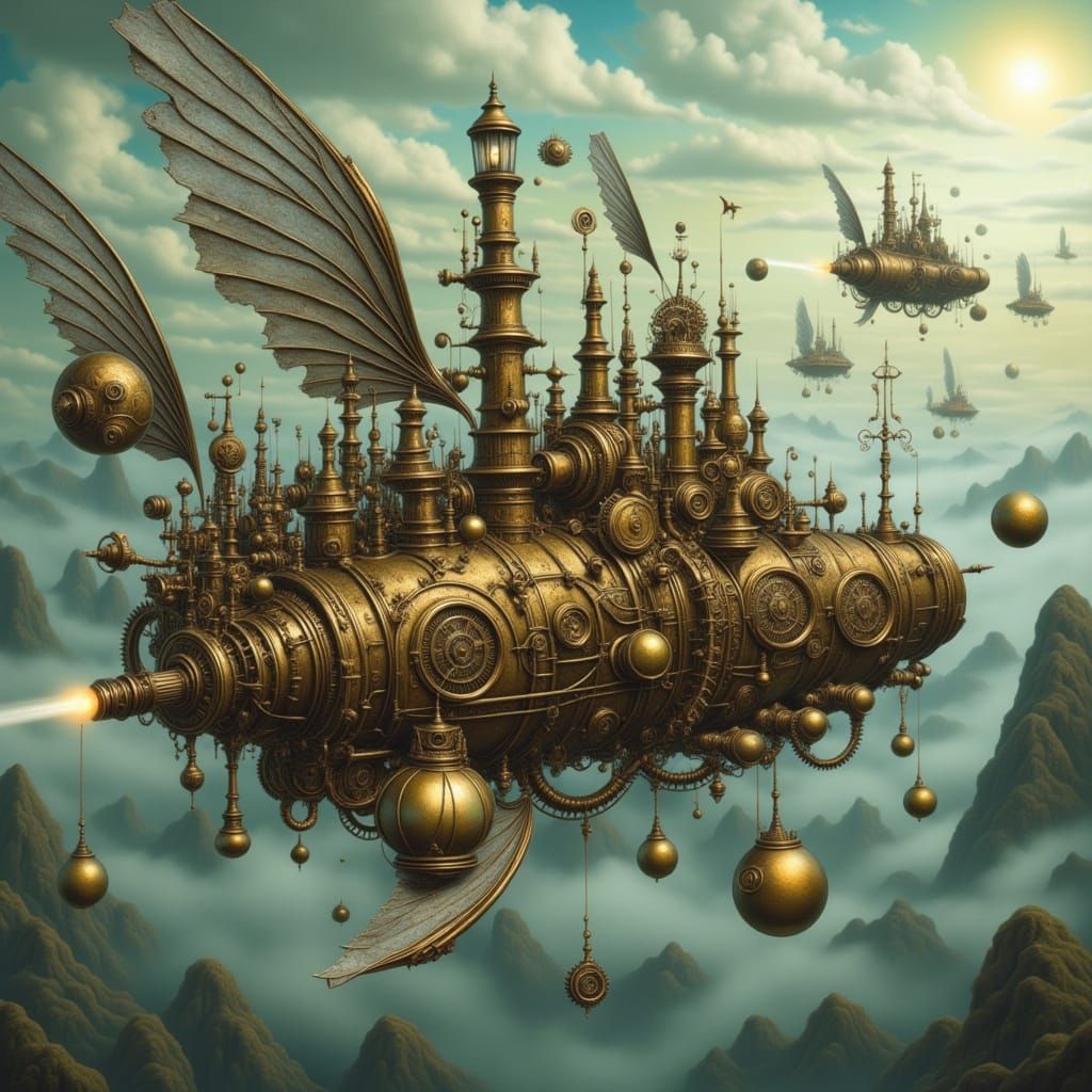 Steampunk Spaceship Soaring in Van Gogh Impressionist Style