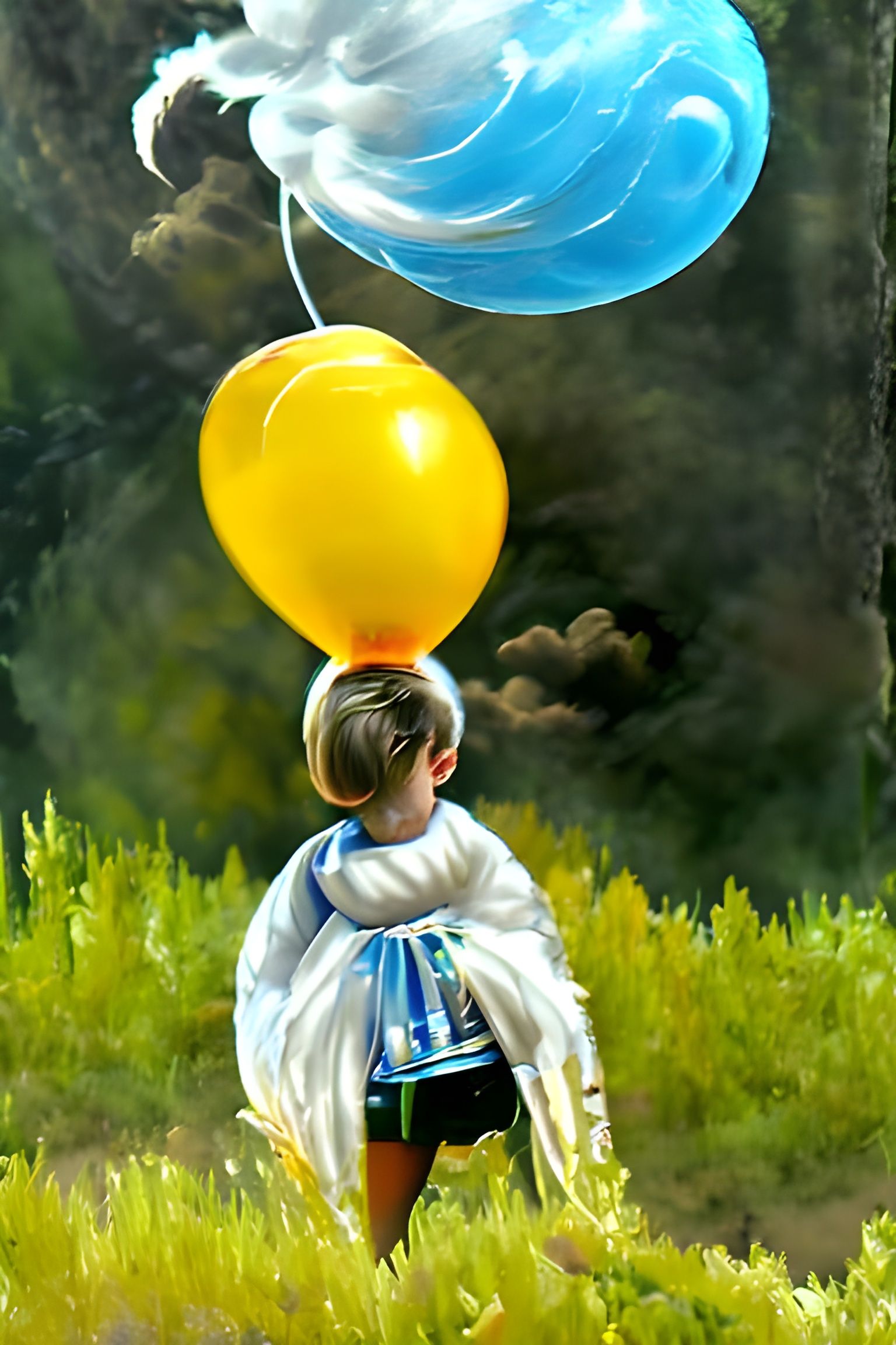Child with Balloons Floating Above Clouds
