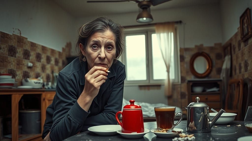 Bosnian Woman Eats Scallion in Gritty Kitchen