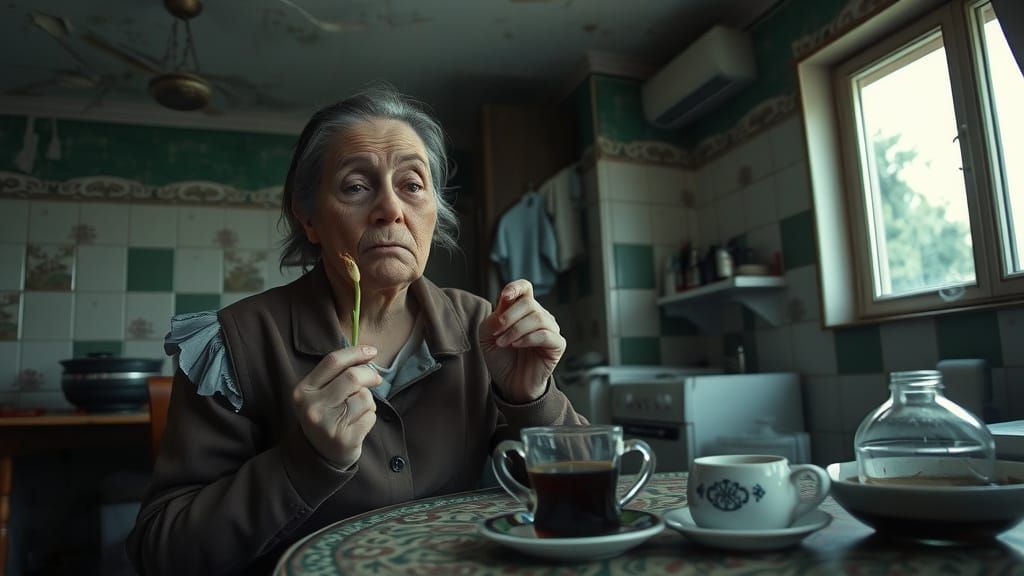 Bosnian Woman Eating Scallion in Gritty Kitchen