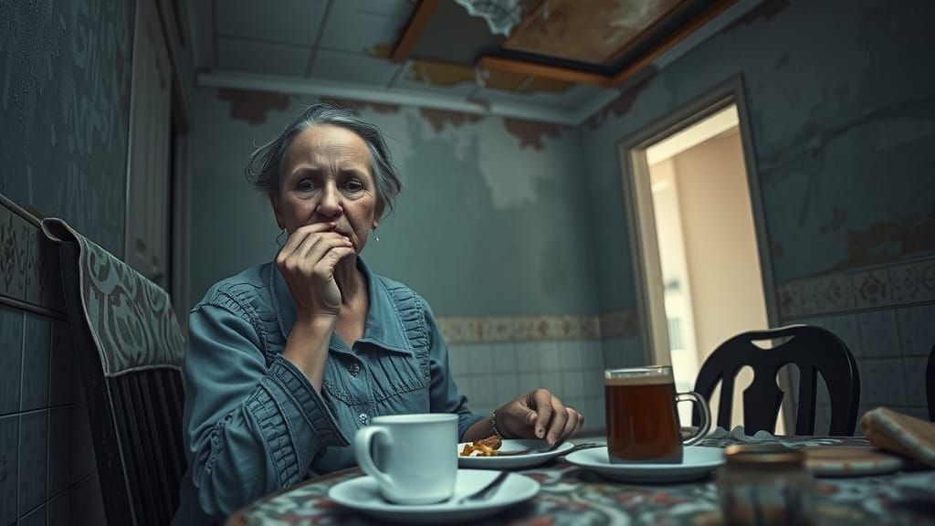 Bosnian Woman Smoking in Decaying Kitchen, Gritty Documentar...