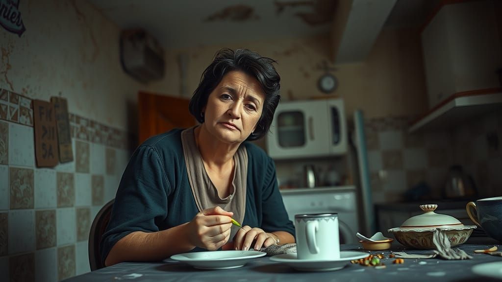 Bosnian Woman Eating Scallion in Somber Kitchen