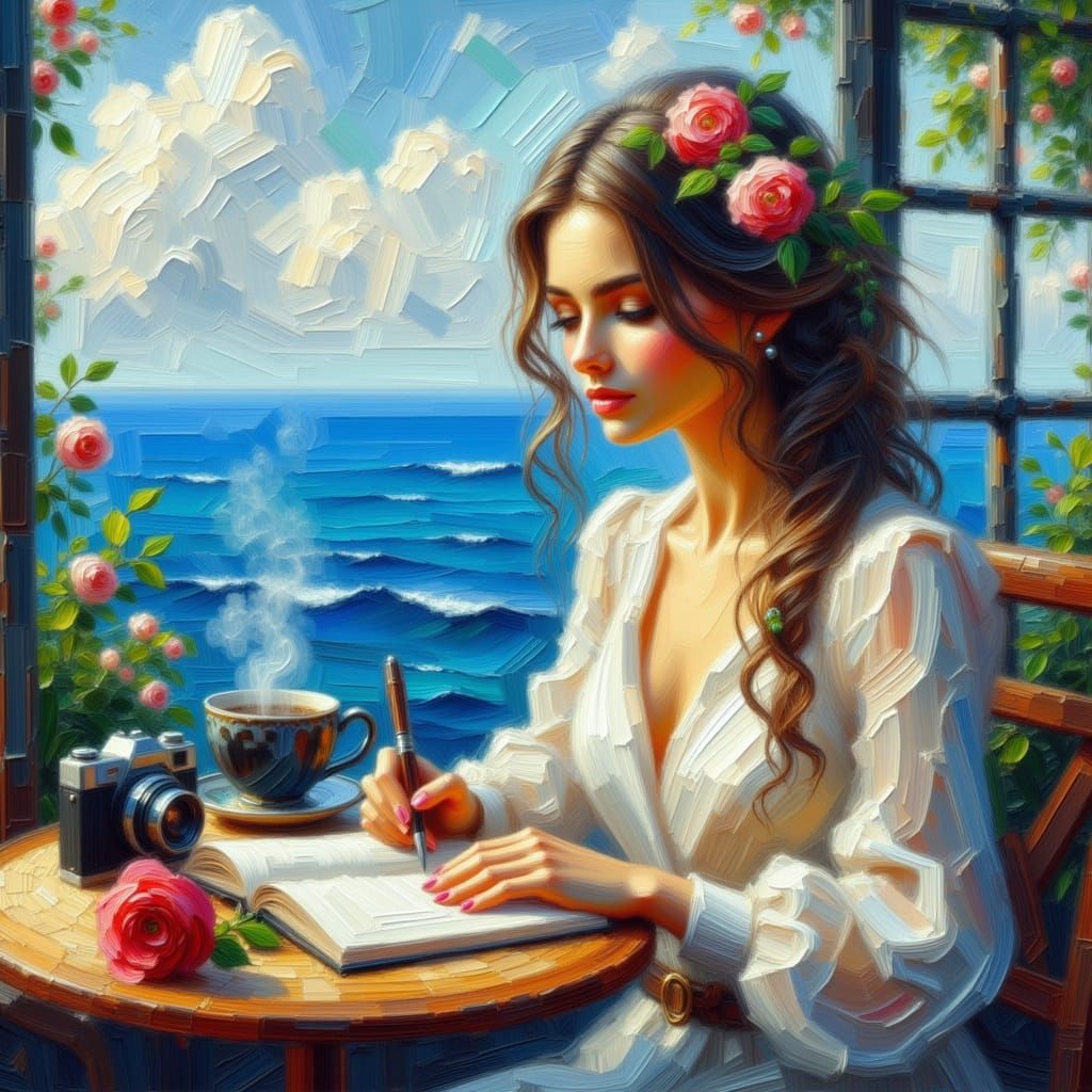 Ethereal Woman Writes in Journal at Seaside Cafe