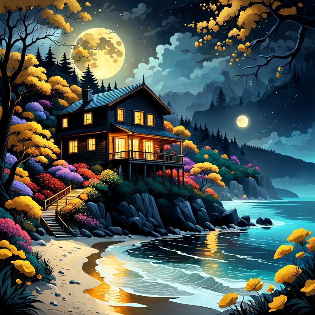 Stormy Beach Cabin in Hypermaximalist Romanticism