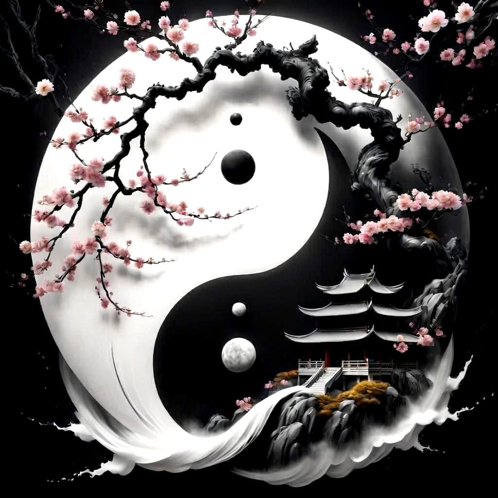 Serene Chinese Ink Painting of Cherry Blossoms