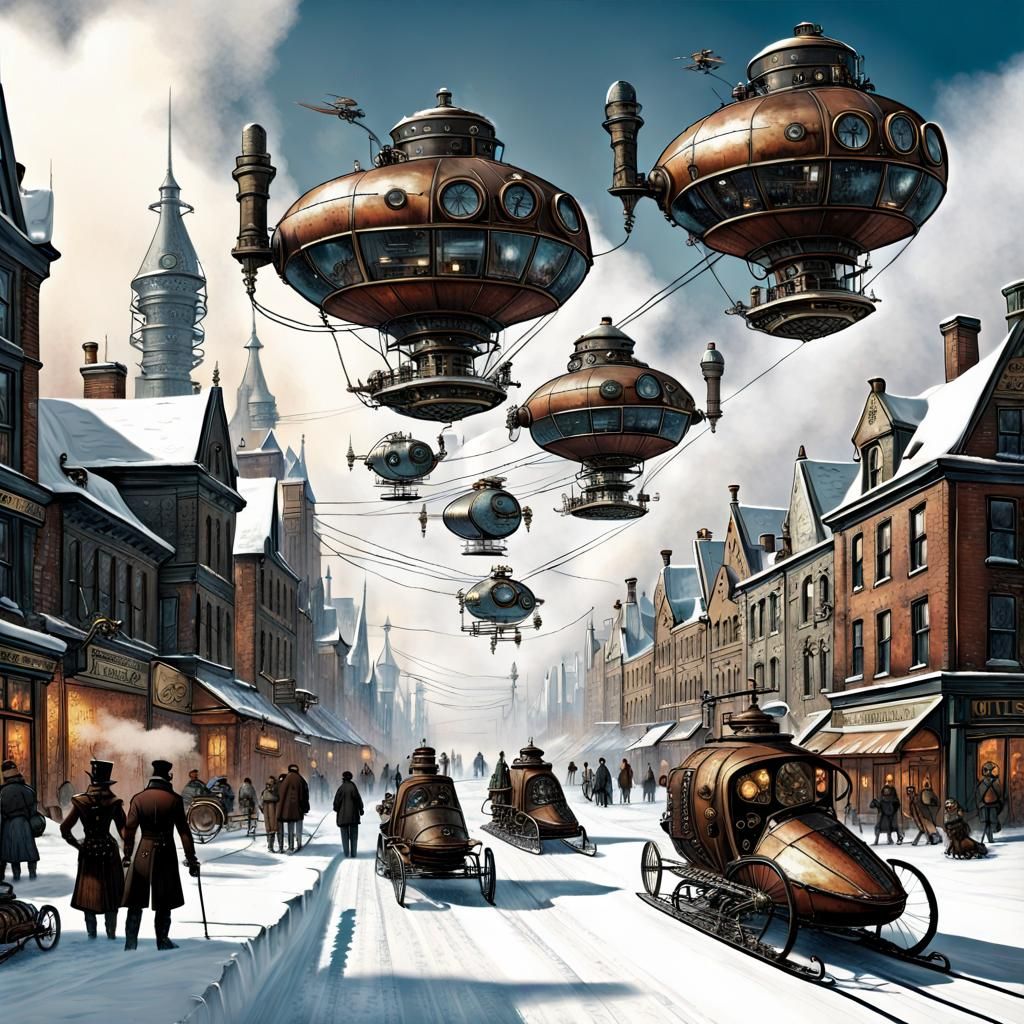 Steampunk City in Frozen Winter Landscape