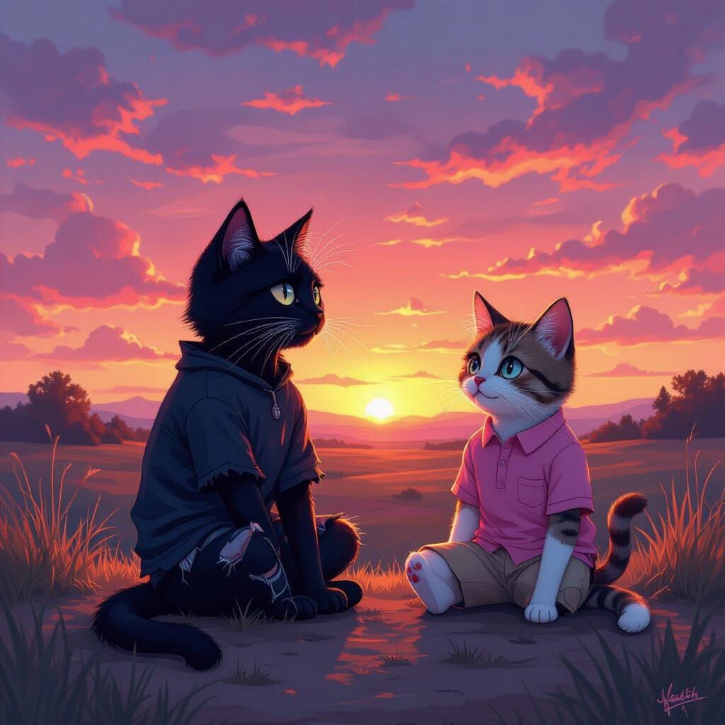 Emo and Preppy Cats at Sunset Digital Painting