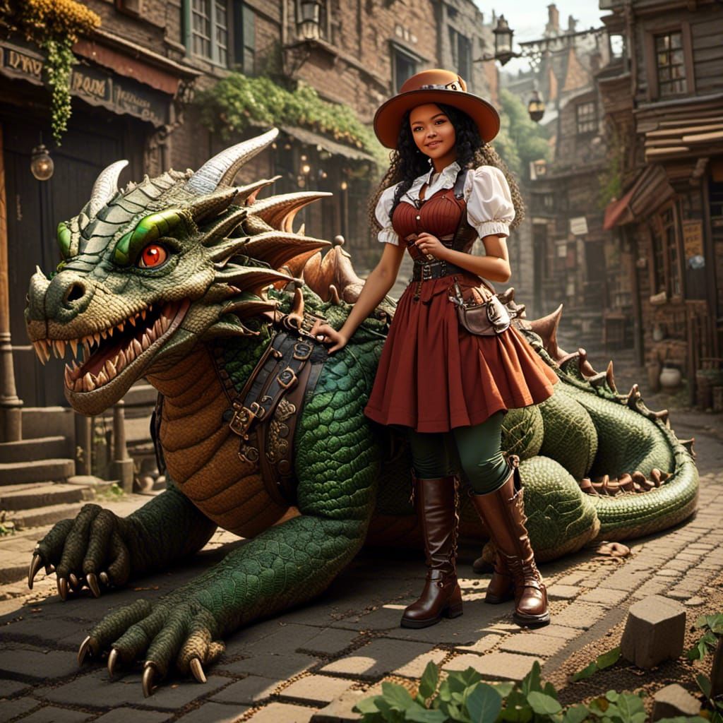 Irish Girl and Dragon in Steampunk Style