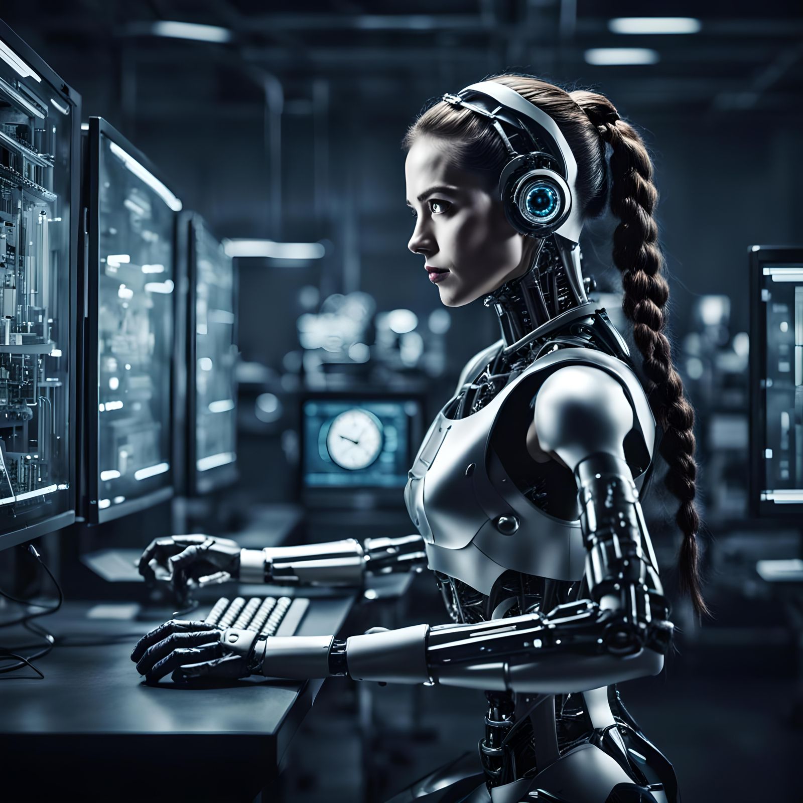 Noir Photo of a Female Cyborg in Lab