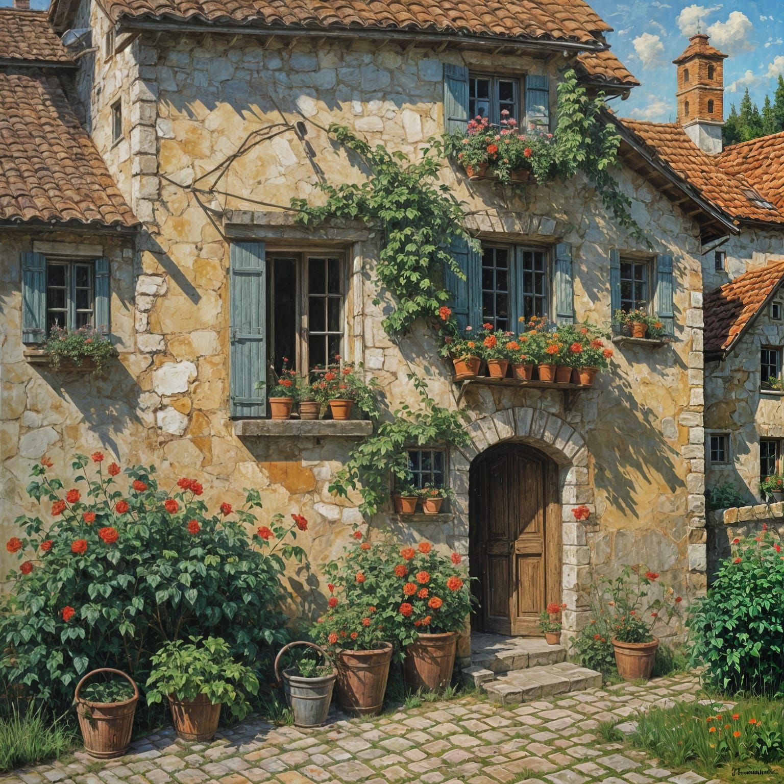 Impasto Painting of Grapevine-Covered House