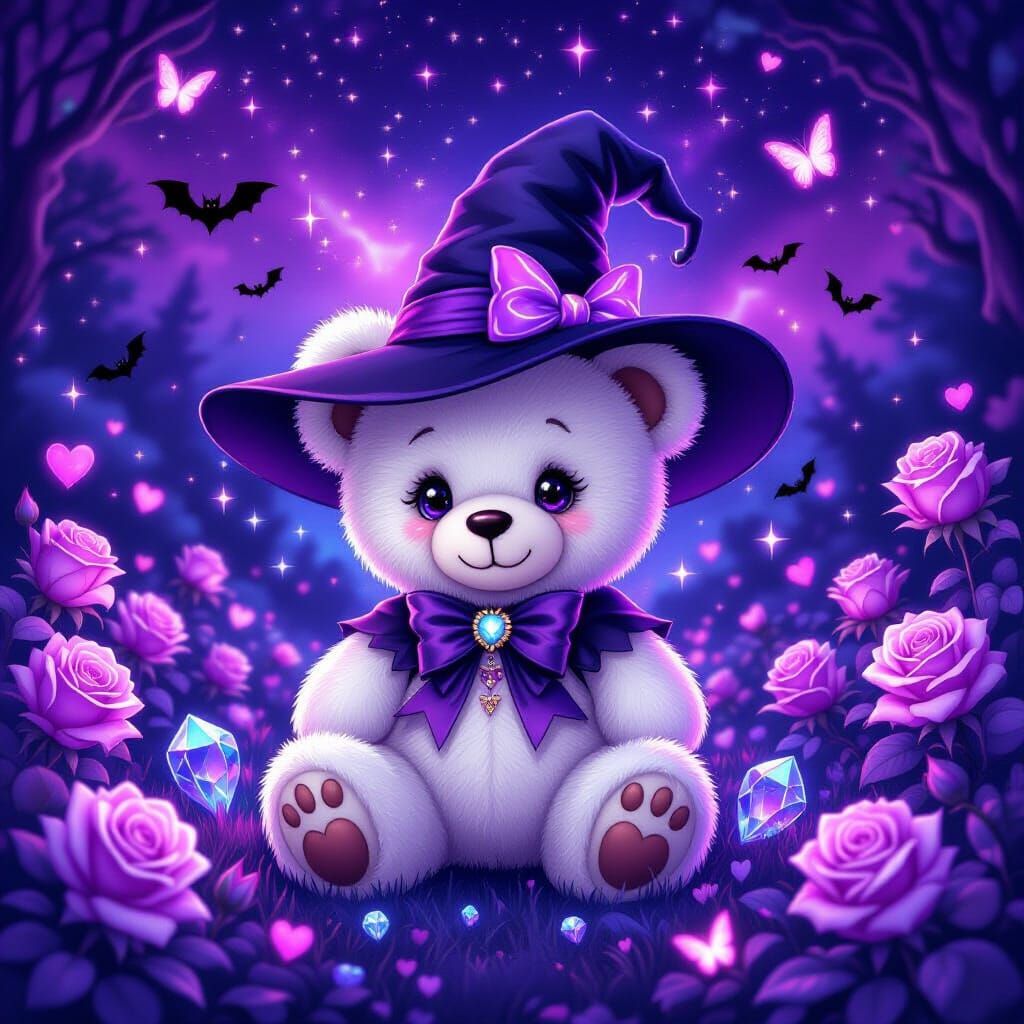 Adorable Teddy Bear Witch in Enchanted Garden