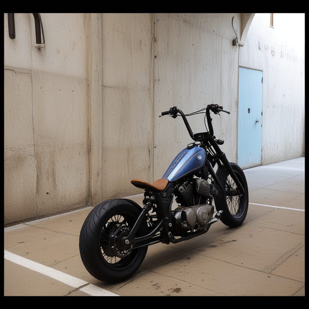 Sleek Blue Neon Chopper in a Dreamlike City Garage