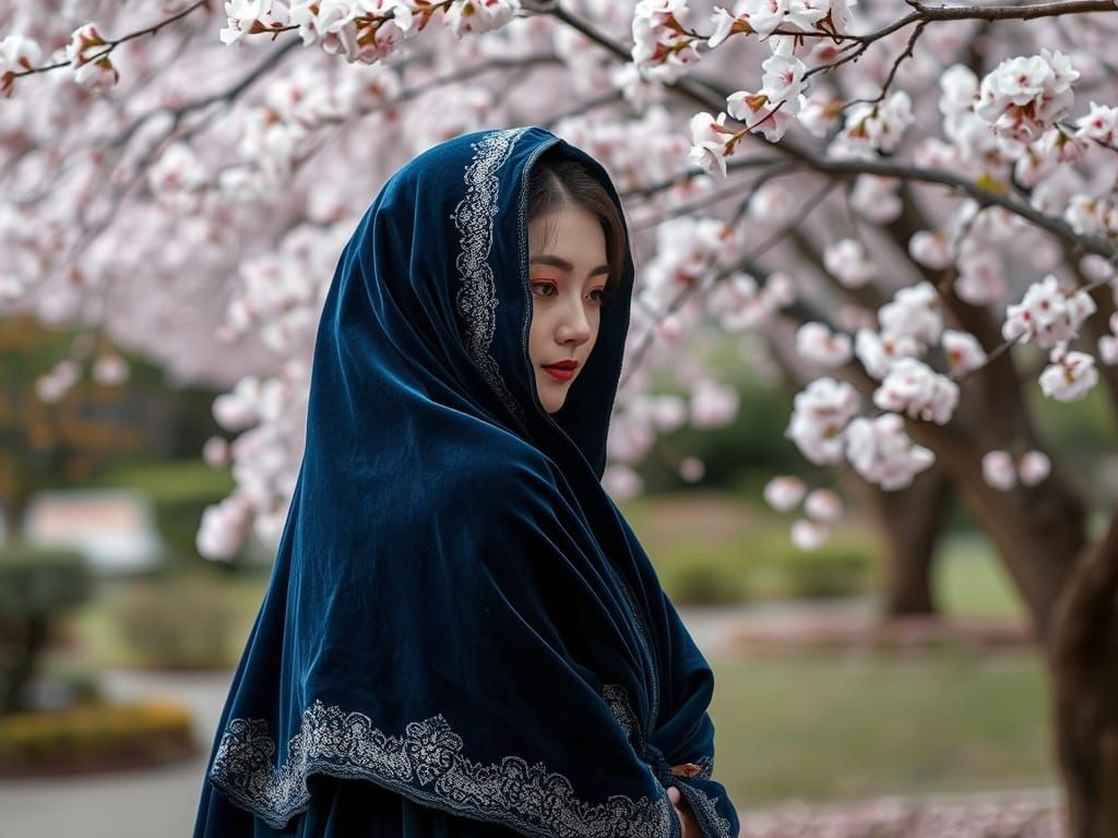 Ethereal Japanese Beauty in Cherry Blossom Garden