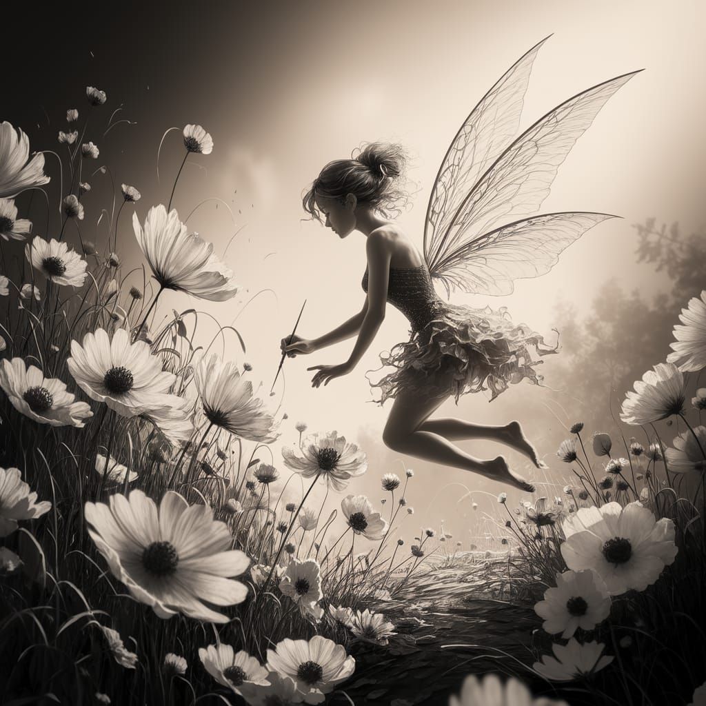 Ethereal Fairy Paints Blooming Flowers in Dreamlike Black an...