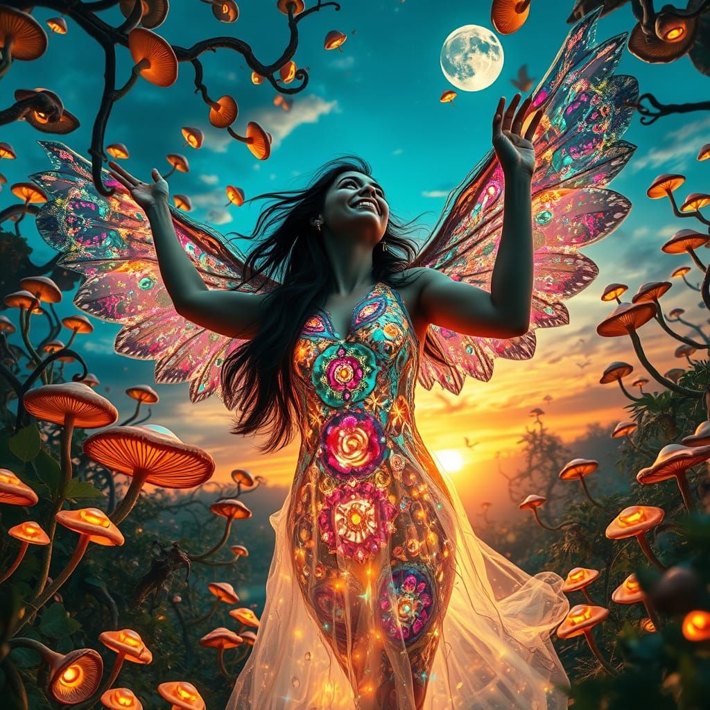 Woman in Mushroom Labyrinth Soars with Mycelium Wings in Whi...