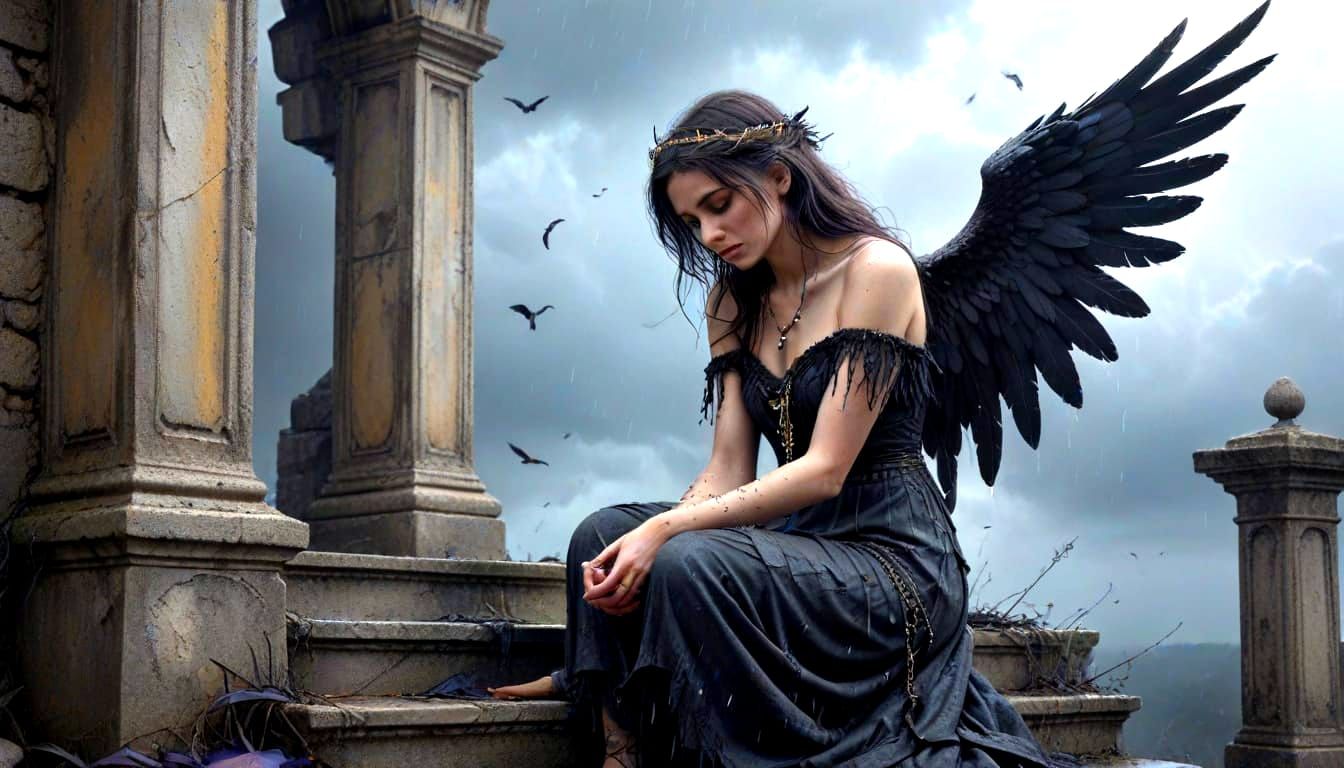 Fallen Angel Begs for Forgiveness in Gothic Setting