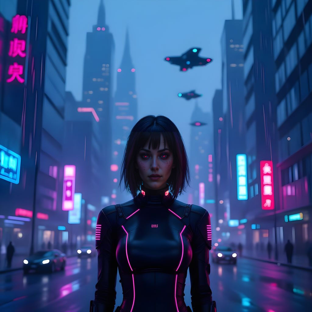 Cyberpunk Woman in Dystopian Cityscape